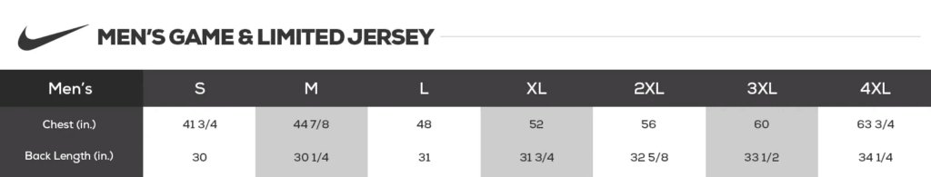 Tackle Jersey Sizing Chart